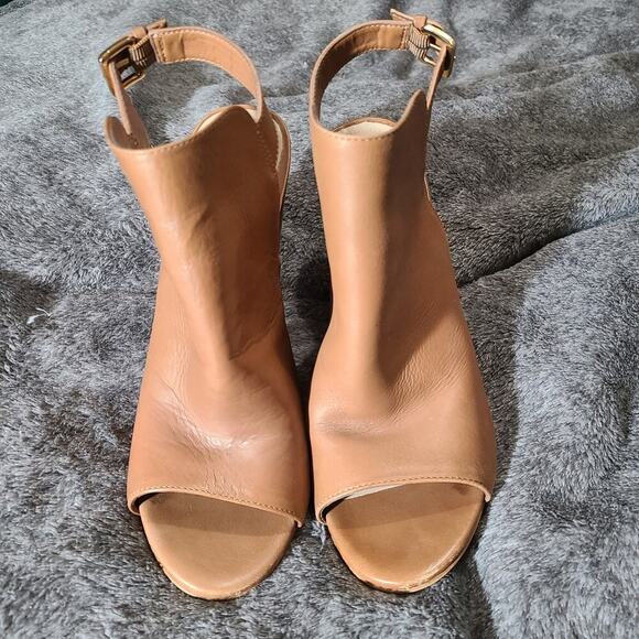Women 8.5 ALDO Camel Leather Chunky Heel Peep Toe Slingback Bootie Heels Shoes‎ - Picture 3 of 8